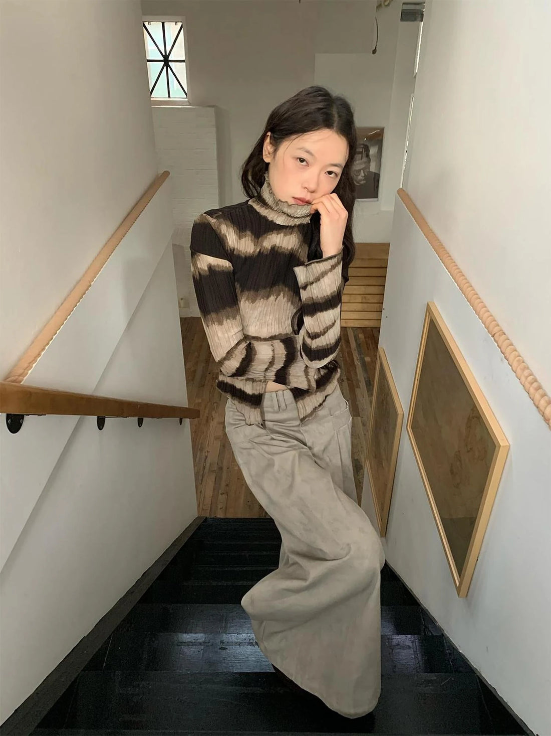 Textured Print High Neck Long Sleeve Tee