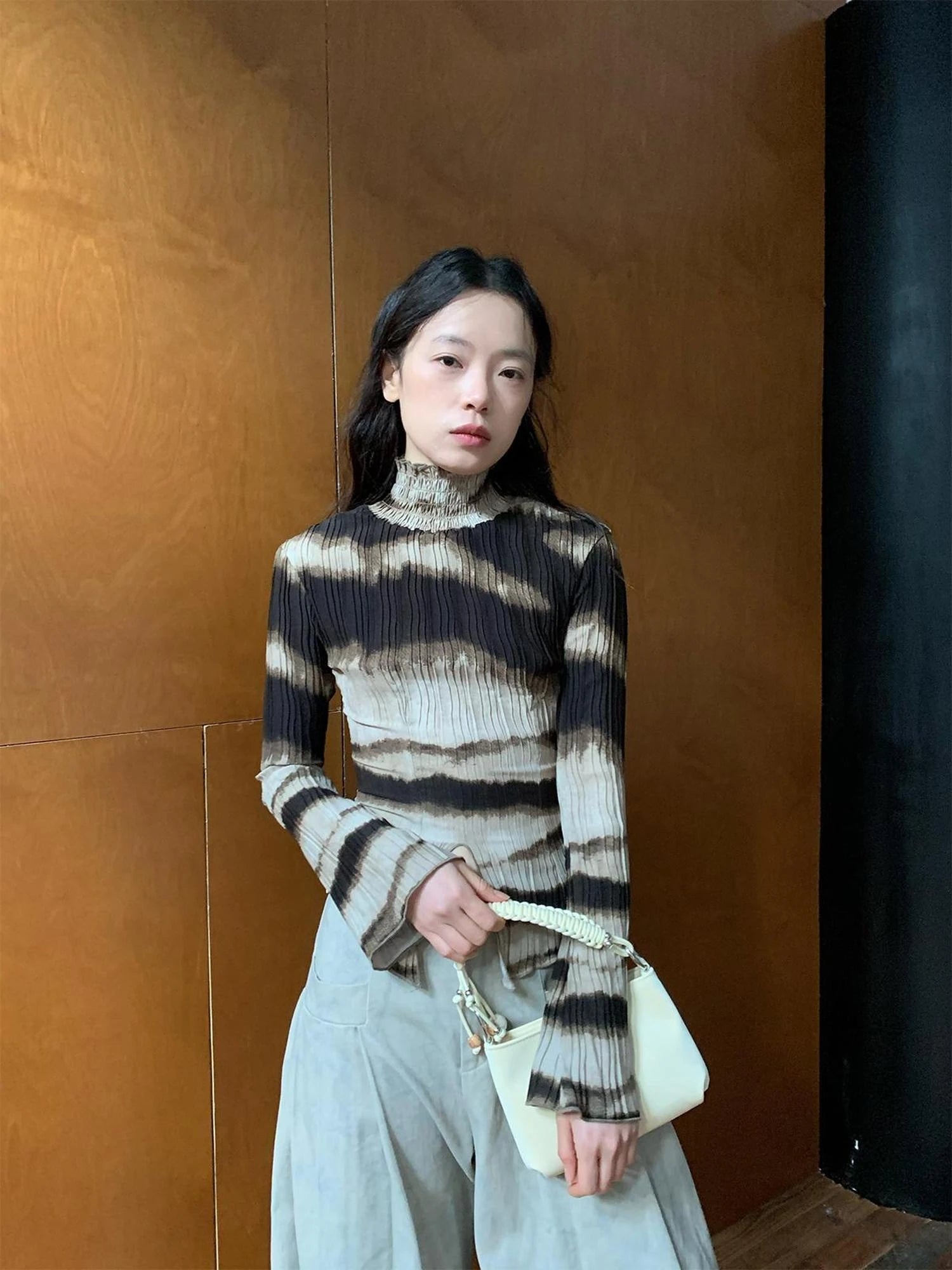 Textured Print High Neck Long Sleeve Tee