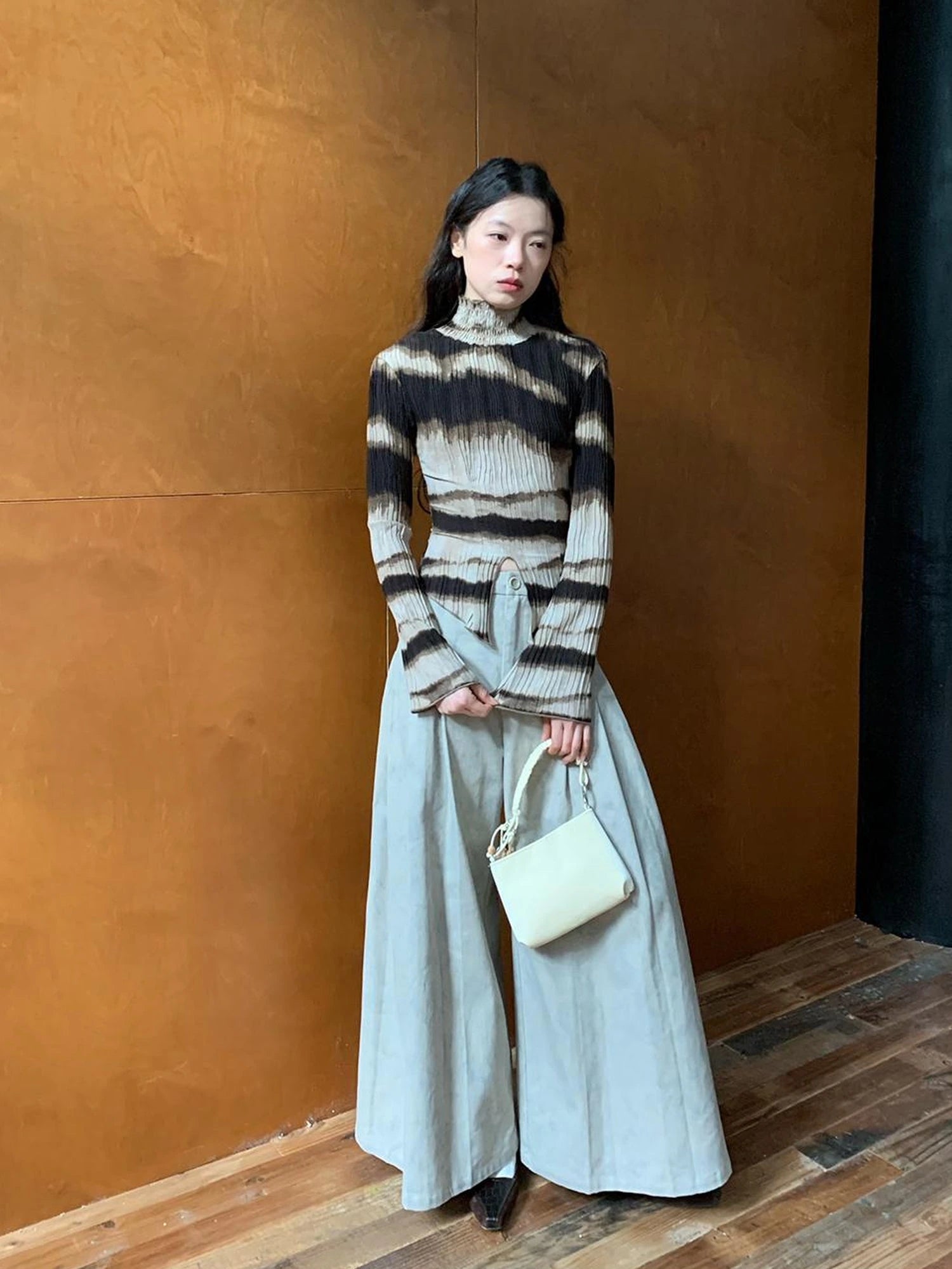 Textured Print High Neck Long Sleeve Tee