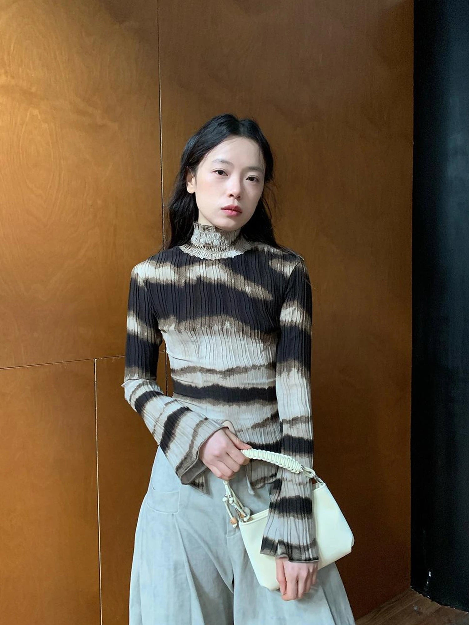 Textured Print High Neck Long Sleeve Tee