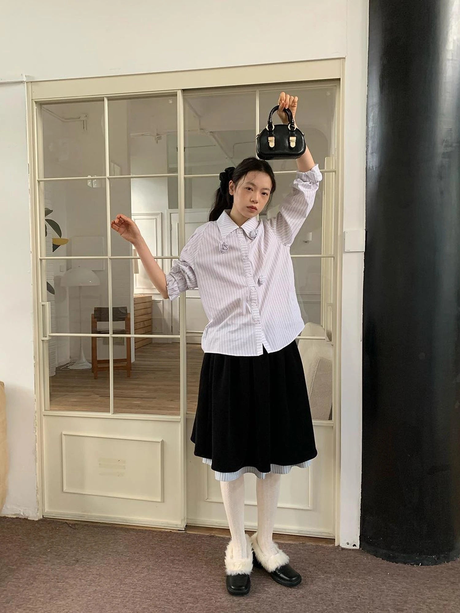 Velvet Texture A Line Skirt with Contrast Trim