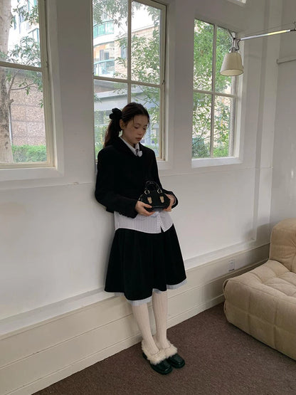 Velvet Texture A Line Skirt with Contrast Trim