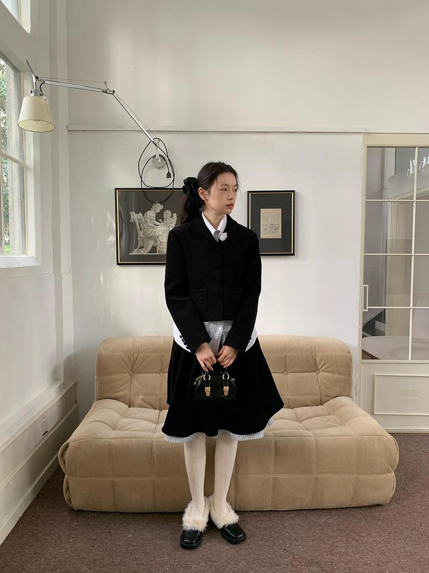 Velvet Texture A Line Skirt with Contrast Trim