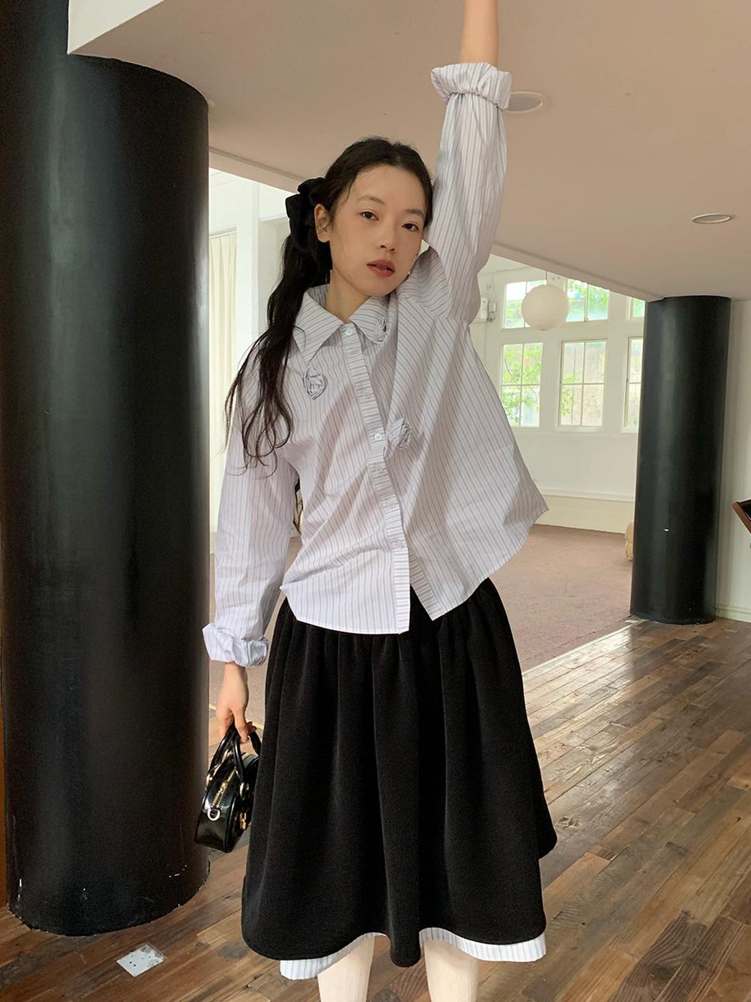 dorydory Velvet Texture A Line Skirt with Contrast Trim