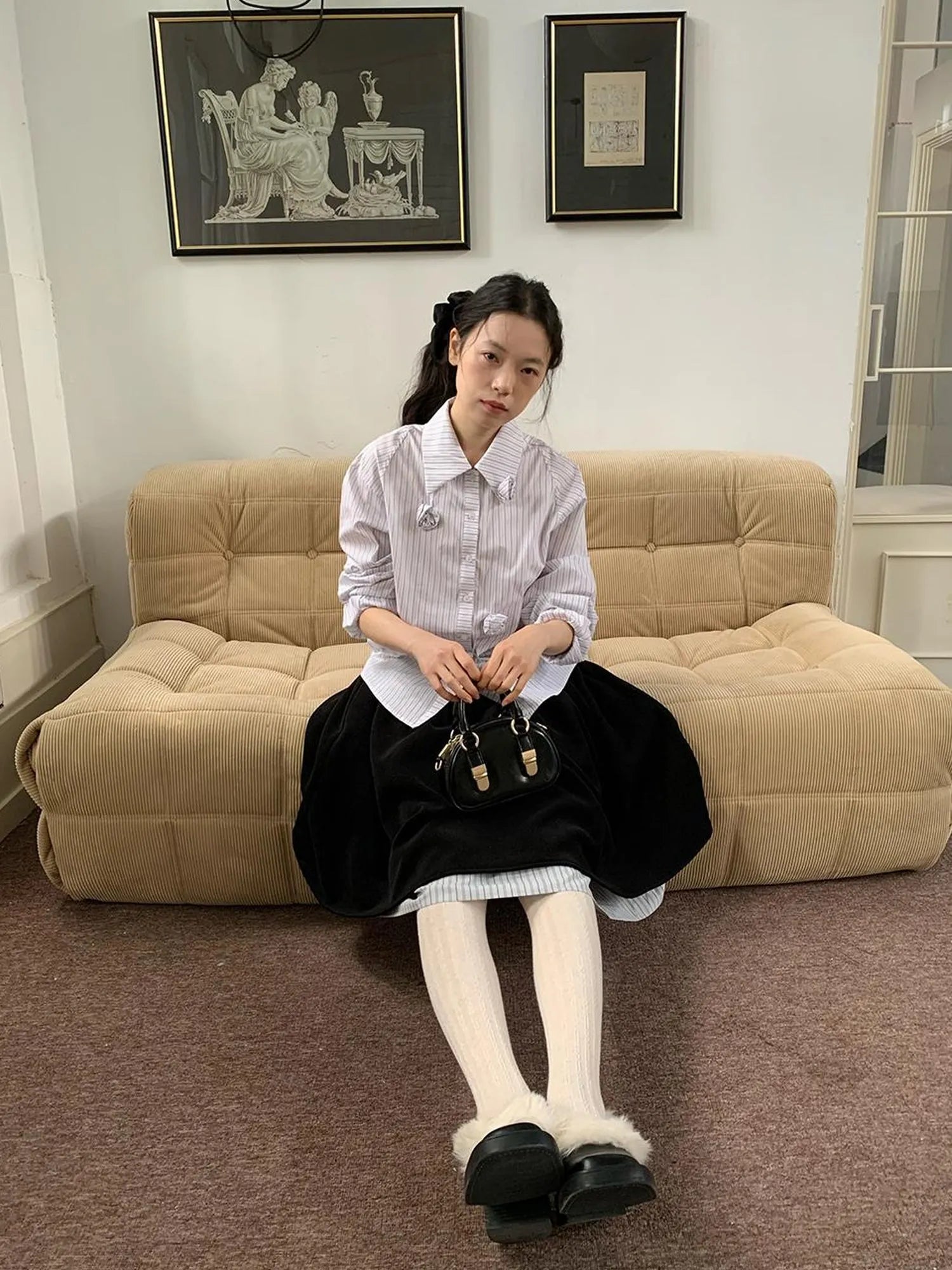 Velvet Texture A Line Skirt with Contrast Trim