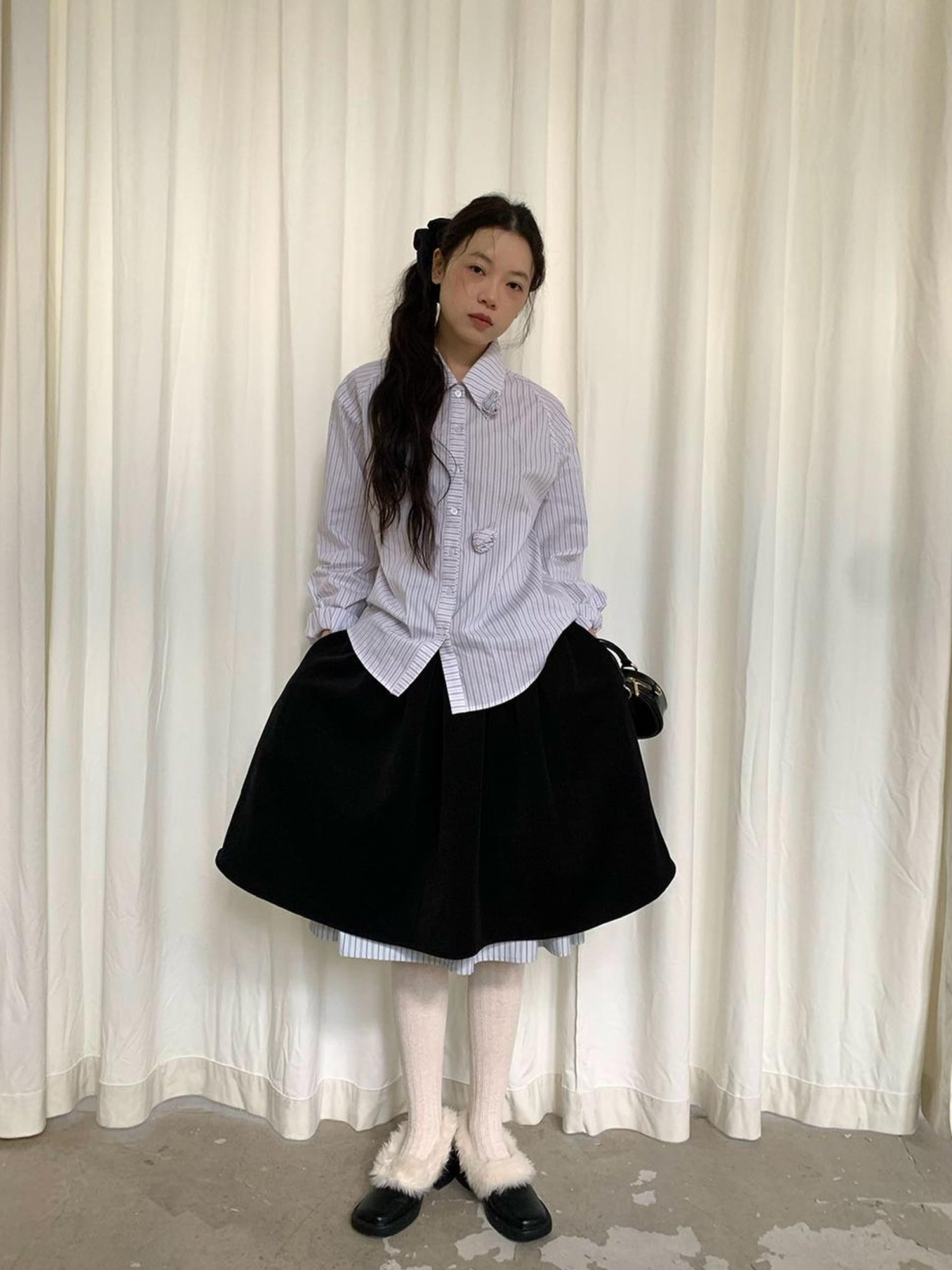 dorydory Velvet Texture A Line Skirt with Contrast Trim