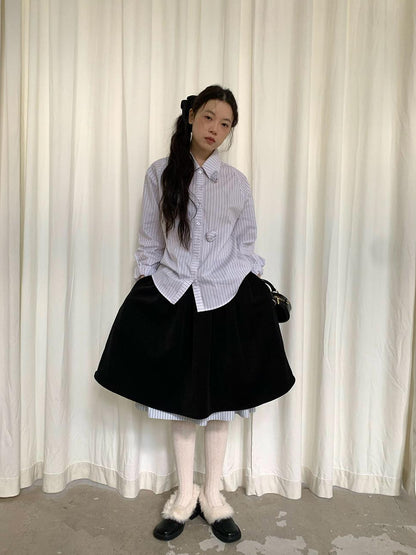 dorydory Velvet Texture A Line Skirt with Contrast Trim
