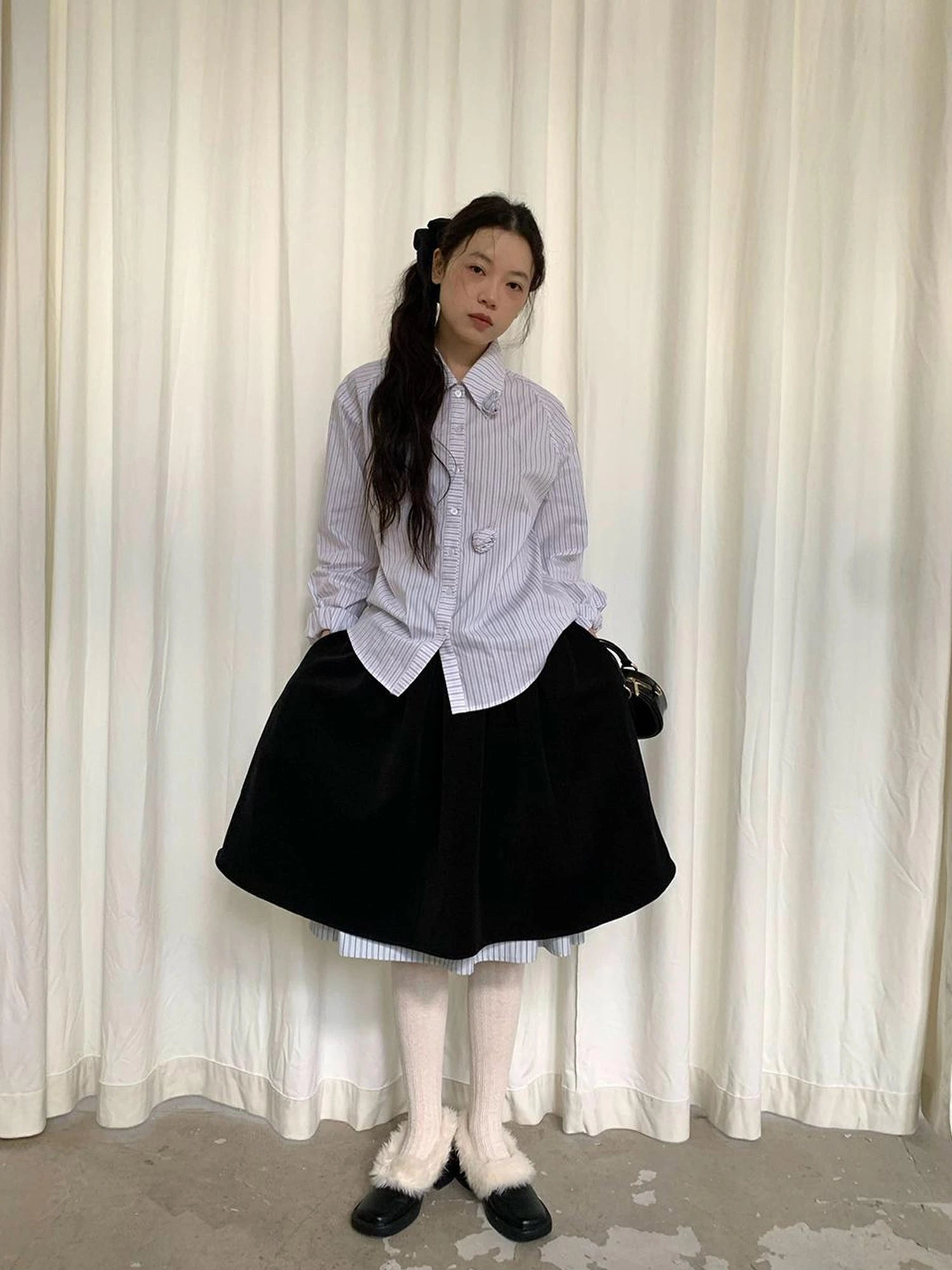 Velvet Texture A Line Skirt with Contrast Trim