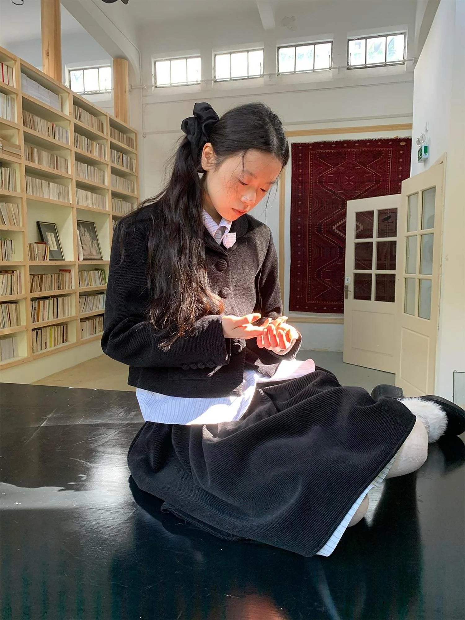 Velvet Texture A Line Skirt with Contrast Trim