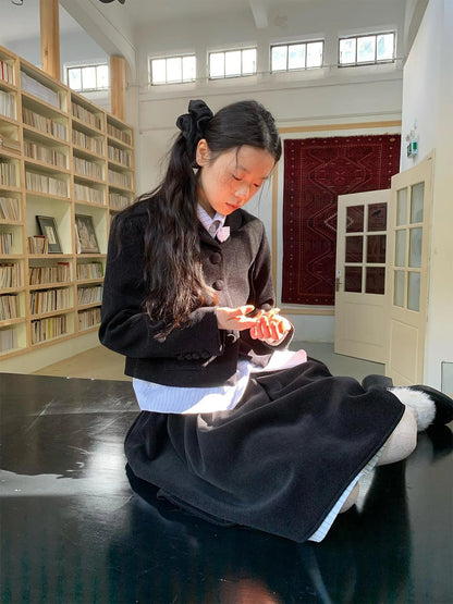 Velvet Texture A Line Skirt with Contrast Trim