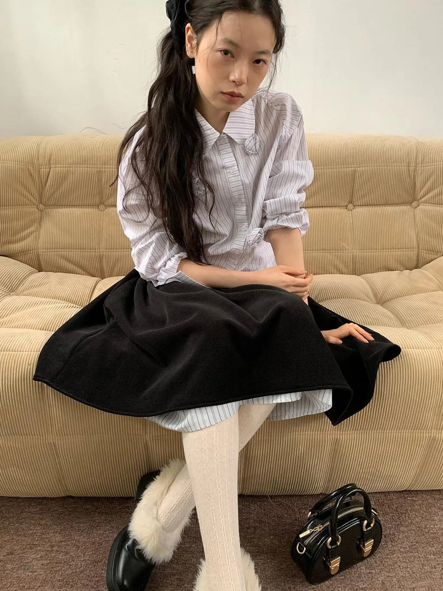 Velvet Texture A Line Skirt with Contrast Trim