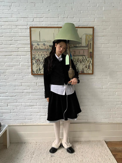 Velvet Texture A Line Skirt with Contrast Trim