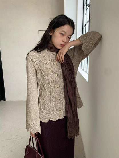 Vintage Cable Wave Knit Cardigan Sweater V-neck T-shirt Long Sleeve