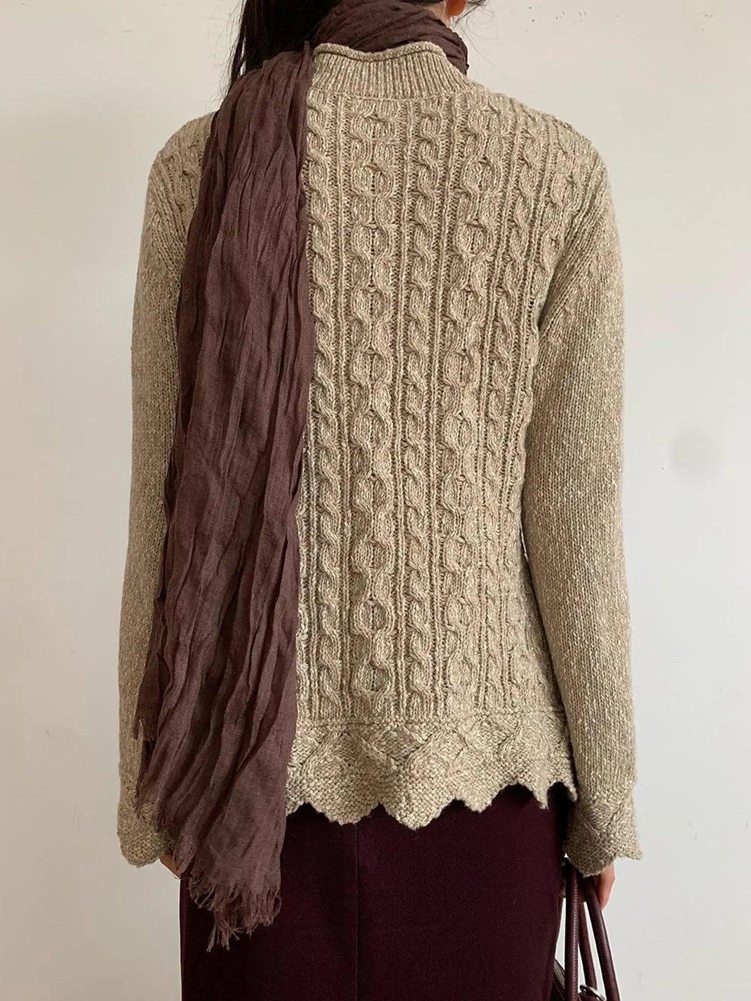 Vintage Cable Wave Knit Cardigan Sweater V-neck T-shirt Long Sleeve