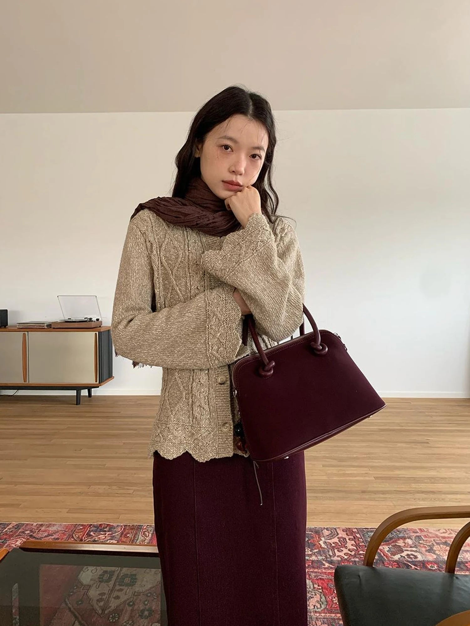 Vintage Cable Wave Knit Cardigan Sweater V-neck T-shirt Long Sleeve