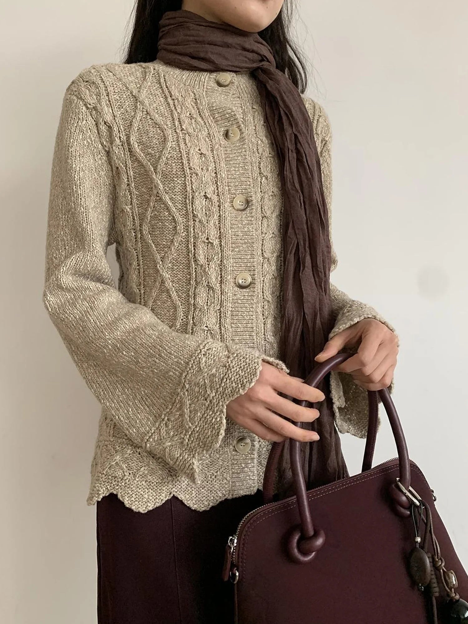 Vintage Cable Wave Knit Cardigan Sweater V-neck T-shirt Long Sleeve