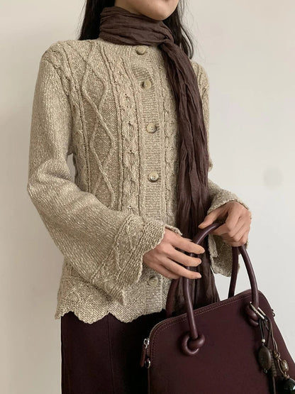 Vintage Cable Wave Knit Cardigan Sweater V-neck T-shirt Long Sleeve