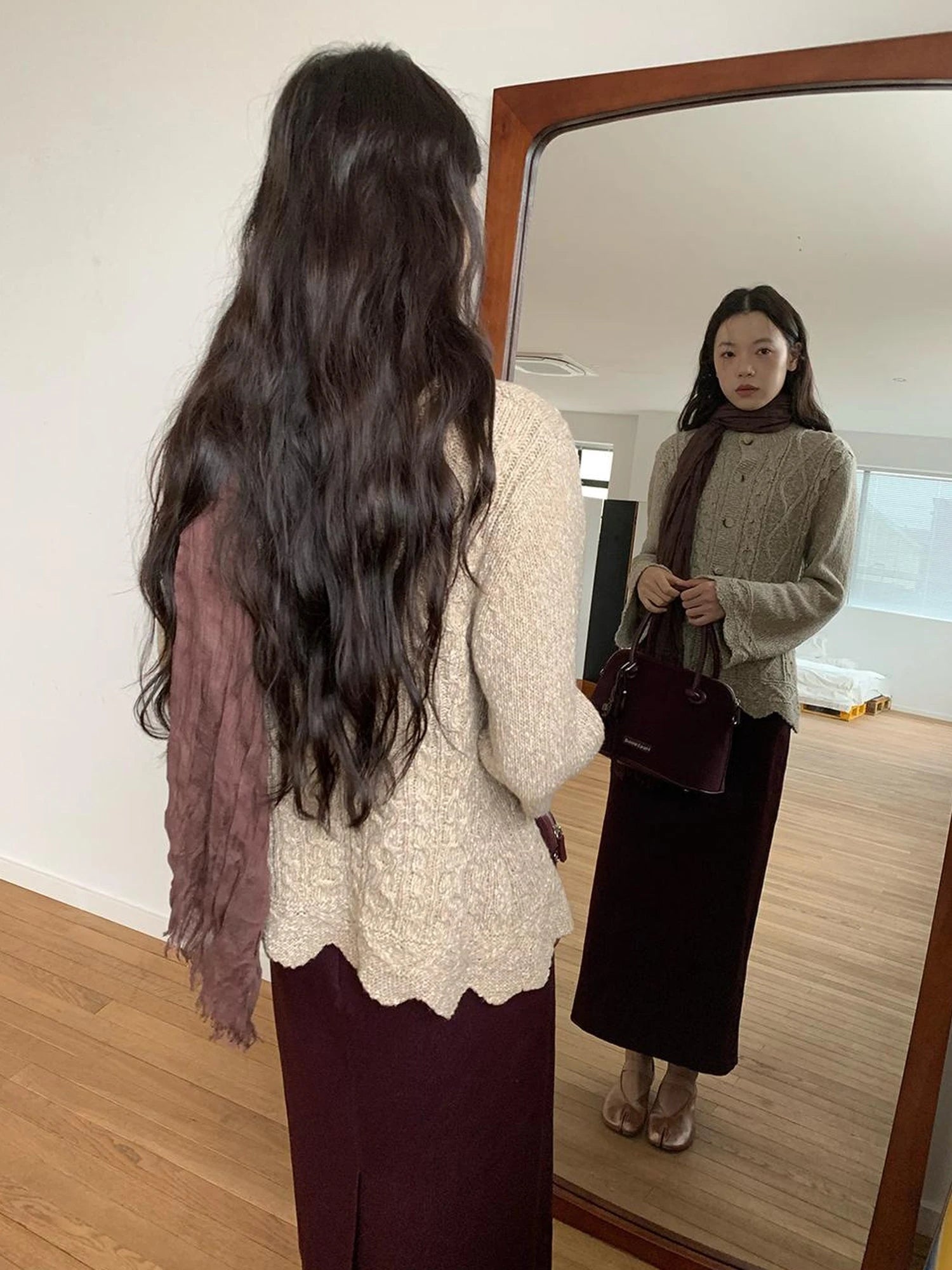 Vintage Cable Wave Knit Cardigan Sweater V-neck T-shirt Long Sleeve