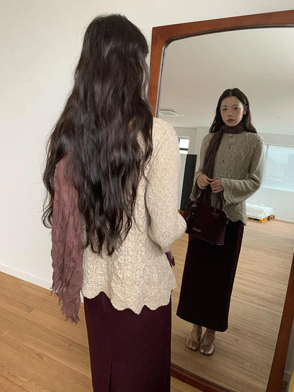 Vintage Cable Wave Knit Cardigan Sweater V-neck T-shirt Long Sleeve