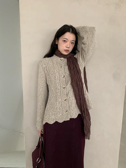 dorydory Vintage Cable Wave Knit Cardigan Sweater V-neck T-shirt Long Sleeve