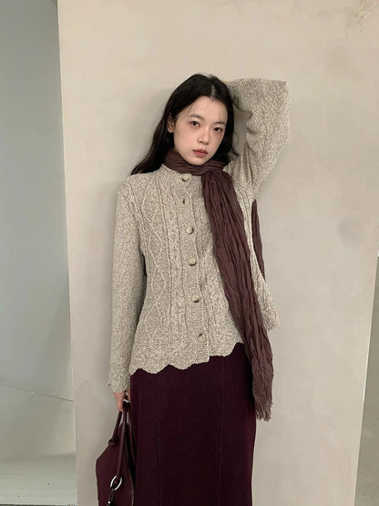 Vintage Cable Wave Knit Cardigan Sweater V-neck T-shirt Long Sleeve