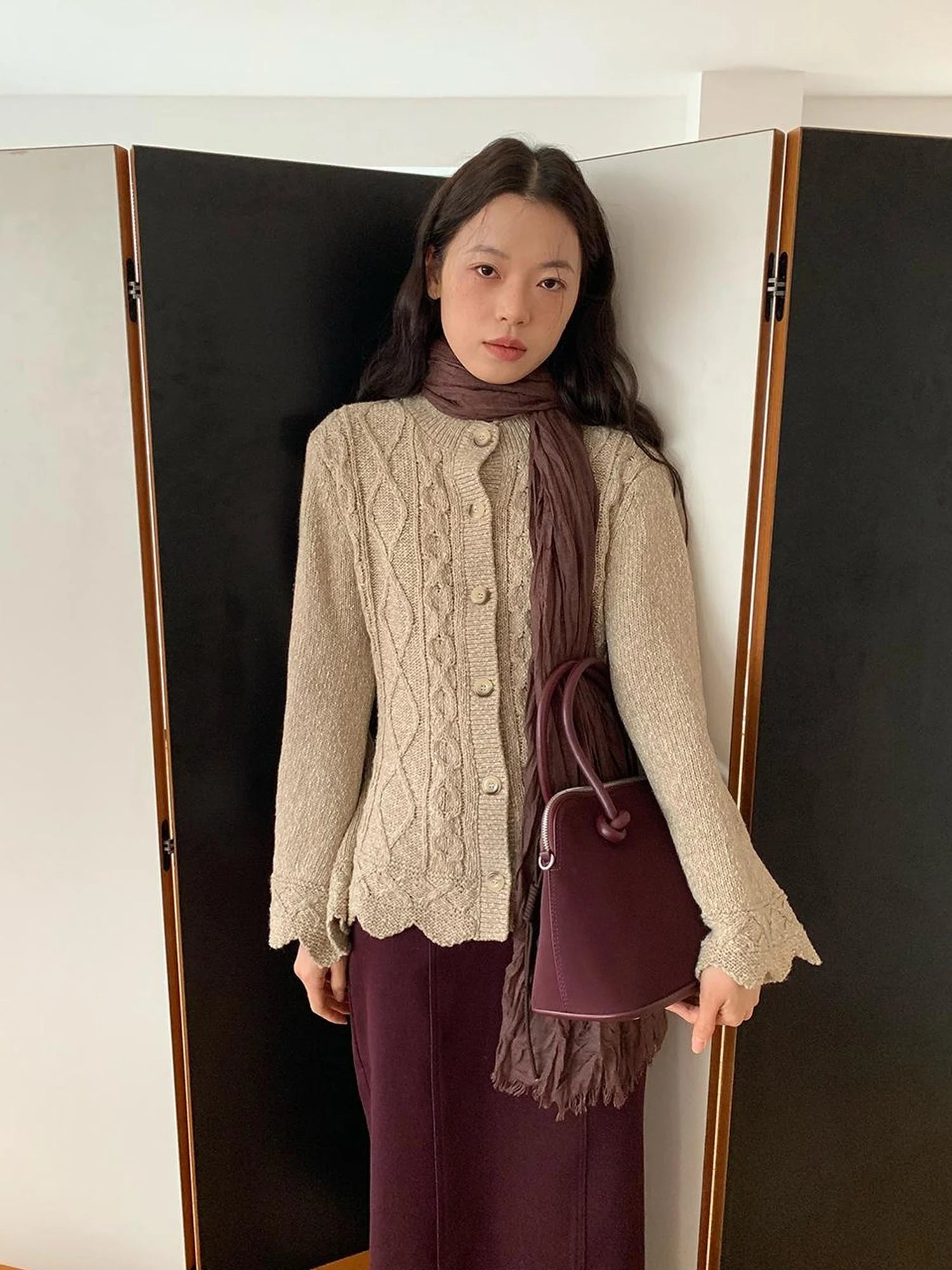 Vintage Cable Wave Knit Cardigan Sweater V-neck T-shirt Long Sleeve