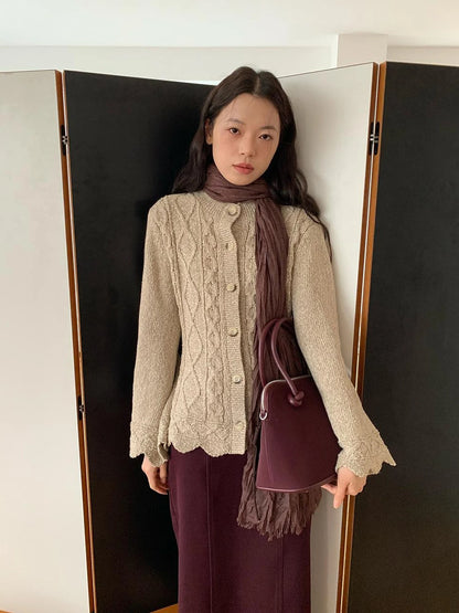 Vintage Cable Wave Knit Cardigan Sweater V-neck T-shirt Long Sleeve