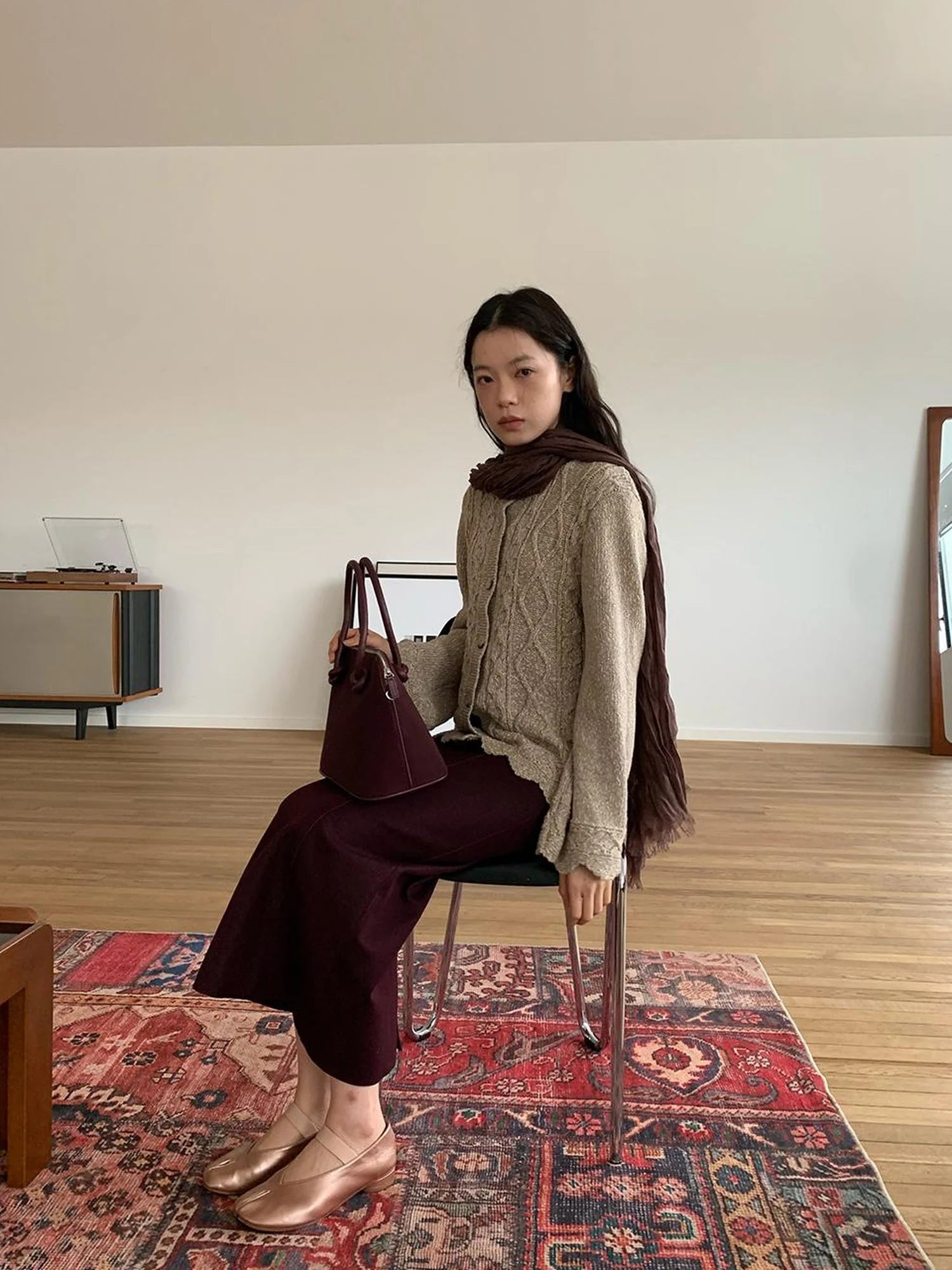 Vintage Cable Wave Knit Cardigan Sweater V-neck T-shirt Long Sleeve