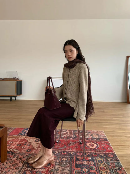 Vintage Cable Wave Knit Cardigan Sweater V-neck T-shirt Long Sleeve