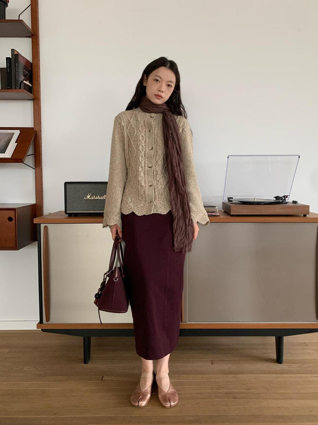 dorydory Vintage Cable Wave Knit Cardigan Sweater V-neck T-shirt Long Sleeve