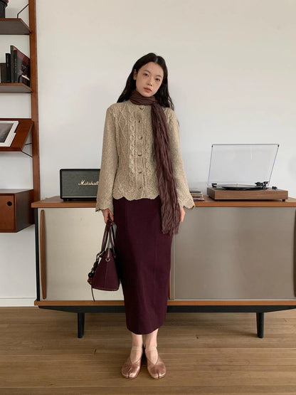 Vintage Cable Wave Knit Cardigan Sweater V-neck T-shirt Long Sleeve