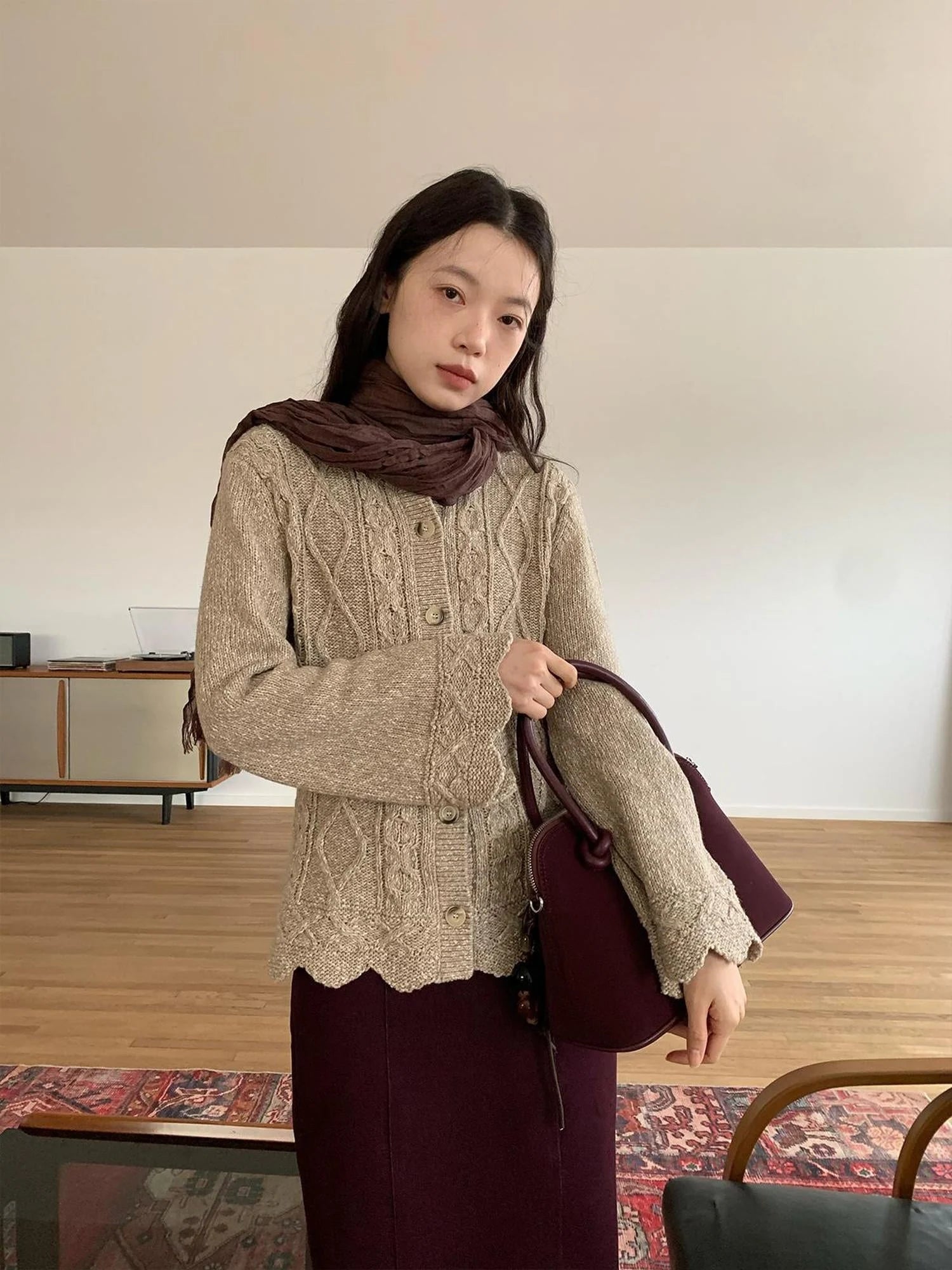 Vintage Cable Wave Knit Cardigan Sweater V-neck T-shirt Long Sleeve