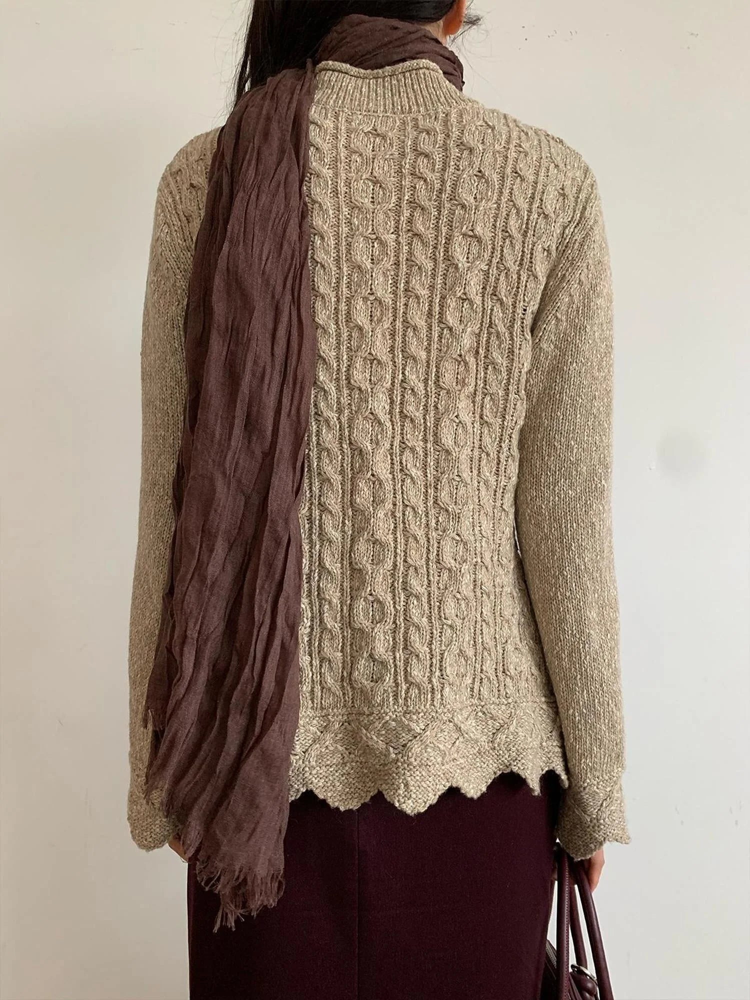 Vintage Cable Wave Knit Cardigan Sweater V-neck T-shirt Long Sleeve