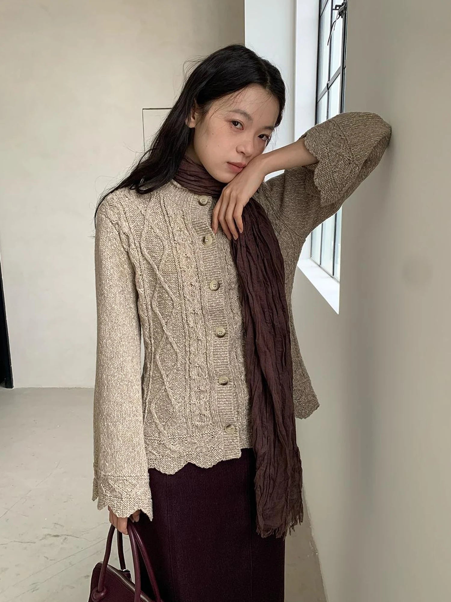 Vintage Cable Wave Knit Cardigan Sweater V-neck T-shirt Long Sleeve