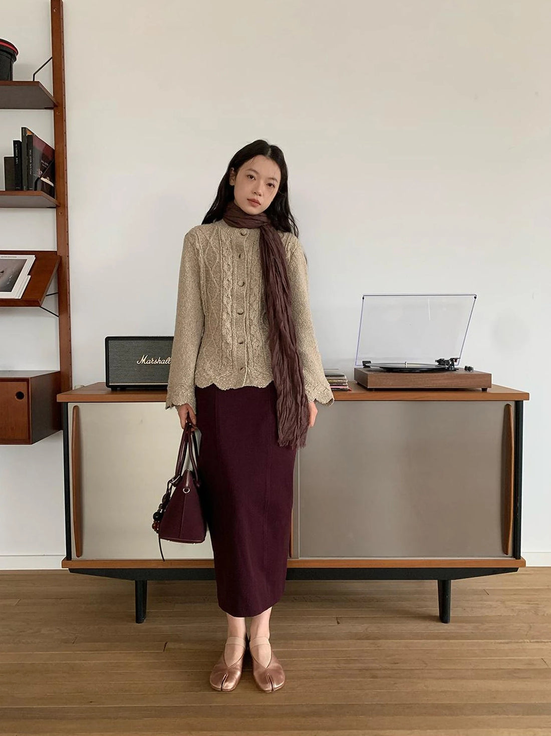 Vintage Cable Wave Knit Cardigan Sweater V-neck T-shirt Long Sleeve