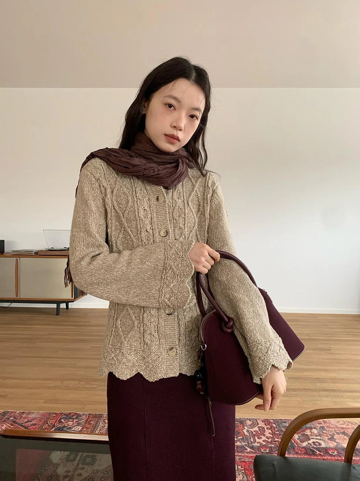 Vintage Cable Wave Knit Cardigan Sweater V-neck T-shirt Long Sleeve