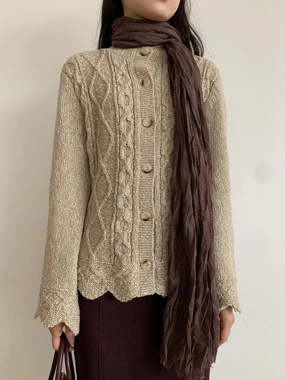 Vintage Cable Wave Knit Cardigan Sweater V-neck T-shirt Long Sleeve