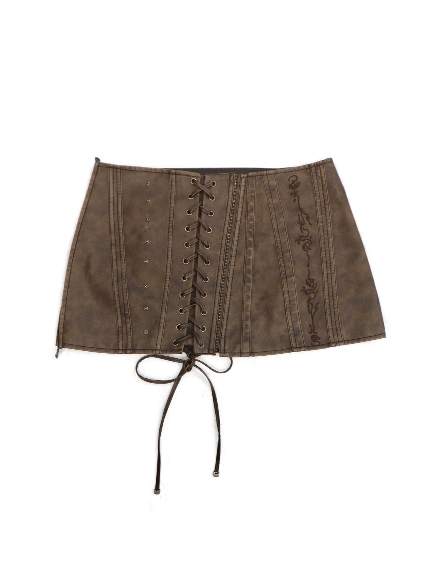 Flowers birds Market Washed Stitching Embroidered Leather Skirt