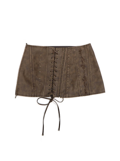 Flowers birds Market Washed Stitching Embroidered Leather Skirt