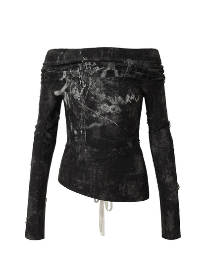 Dark Punk Print Off-Shoulder Long Sleeve Reversible T-Shirt