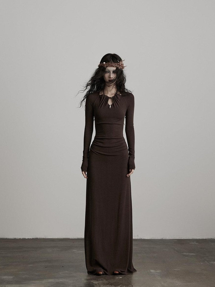 INDULGE Soft Modal Wool Cutout Slim Fit Long Sleeve Casual Brown Bodycon Maxi Dresses