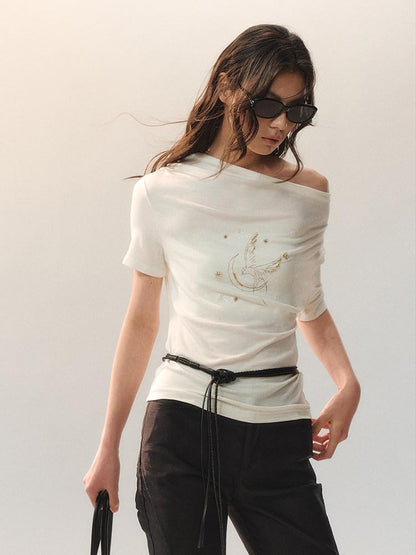 AnnoMundi Beaded Asymmetric Neck Loose Women Lyocell Stretch White Short Sleeve T-Shirts