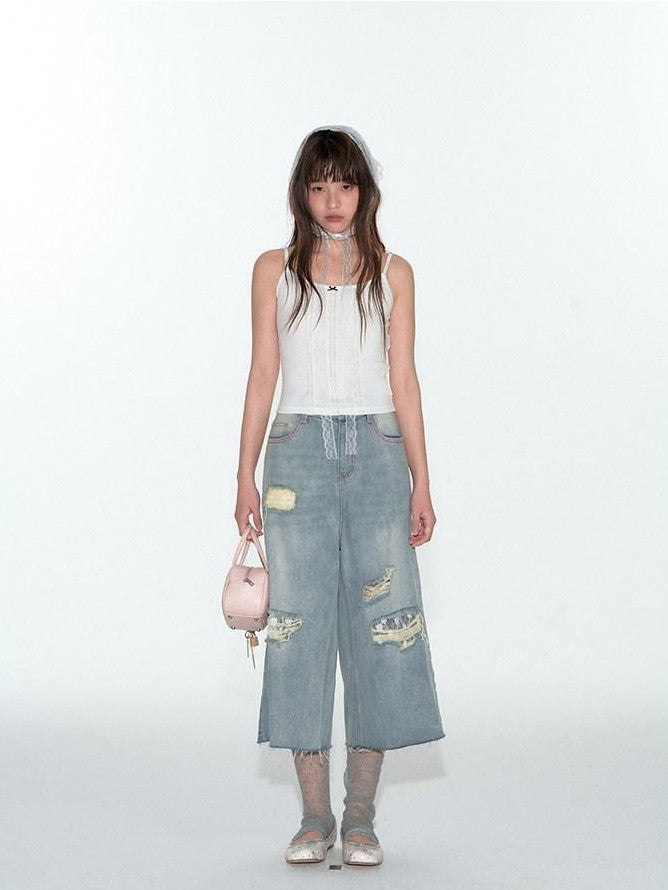 NAPSNAPS Layered Cropped Spliced Lace Trim Women&