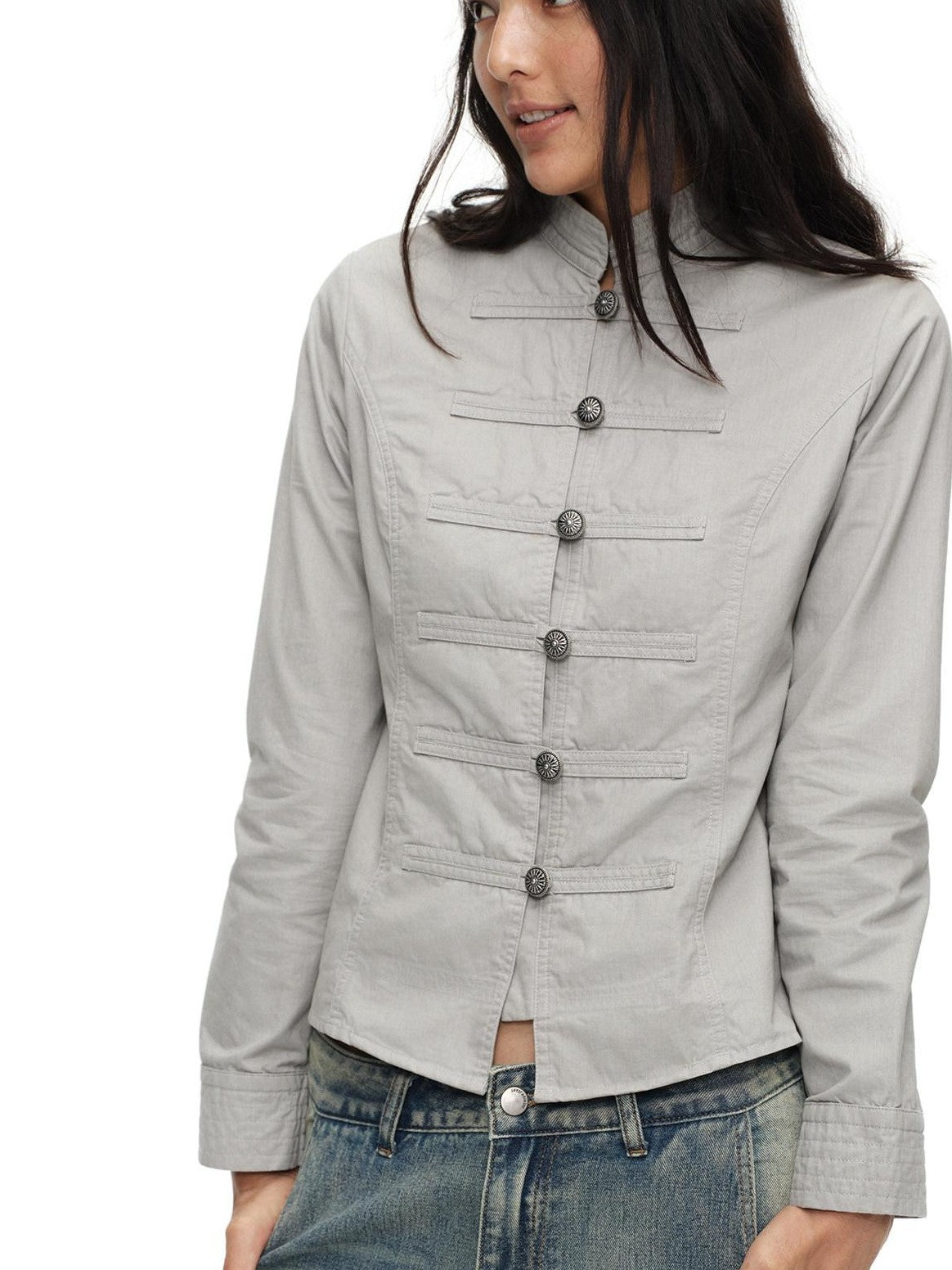 oinimi Star Gray Washed Napoleon Button Stand Collar Fitted Waist Women&
