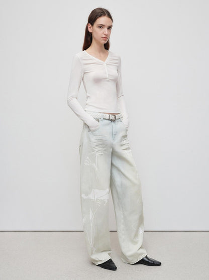 RUN TO THE FUTURE Vintage Light Blue Floral Cotton Loose Casual Womens Zipper Fly Wide-Leg Jeans