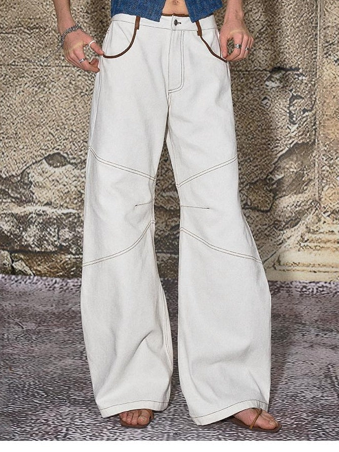 The NeverMore High Cotton Relaxed Distressed Low Rise White Denim Women Wide Leg Jeans
