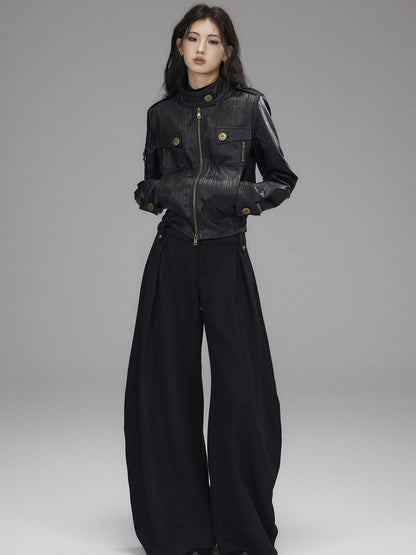 Low pixel Insulated Waist Cinch Workwear Multipocket Lapel Zip Black Women Leather Jackets