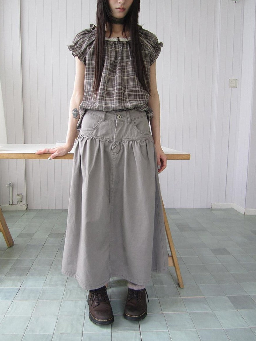 ang project Vintage Distressed Pleated High Waist A Line Women&