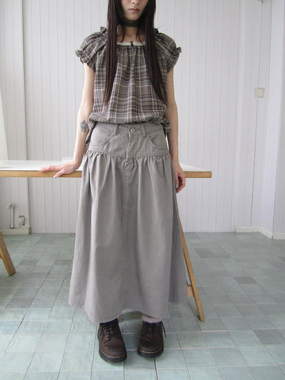 ang project Vintage Distressed Pleated High Waist A Line Women&