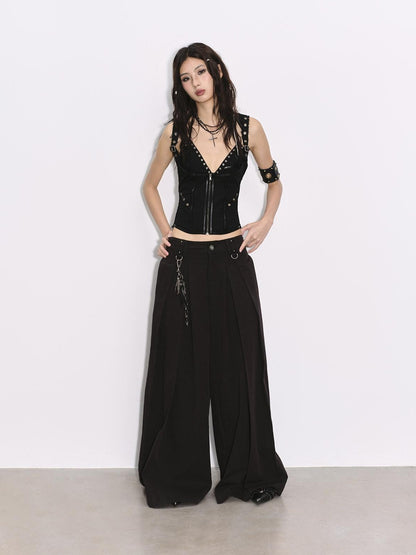 Low pixel Pleated Low Waist Relaxed Cotton Blend Black Women Wide Leg Pants